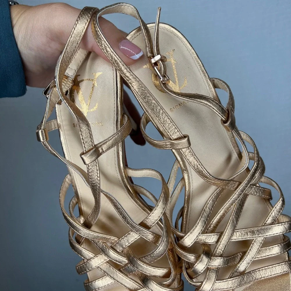 Vince Camino VC Signature Metallic Gold Strappy‎ Heels Toe Ankle Strap Sz 8 / 38